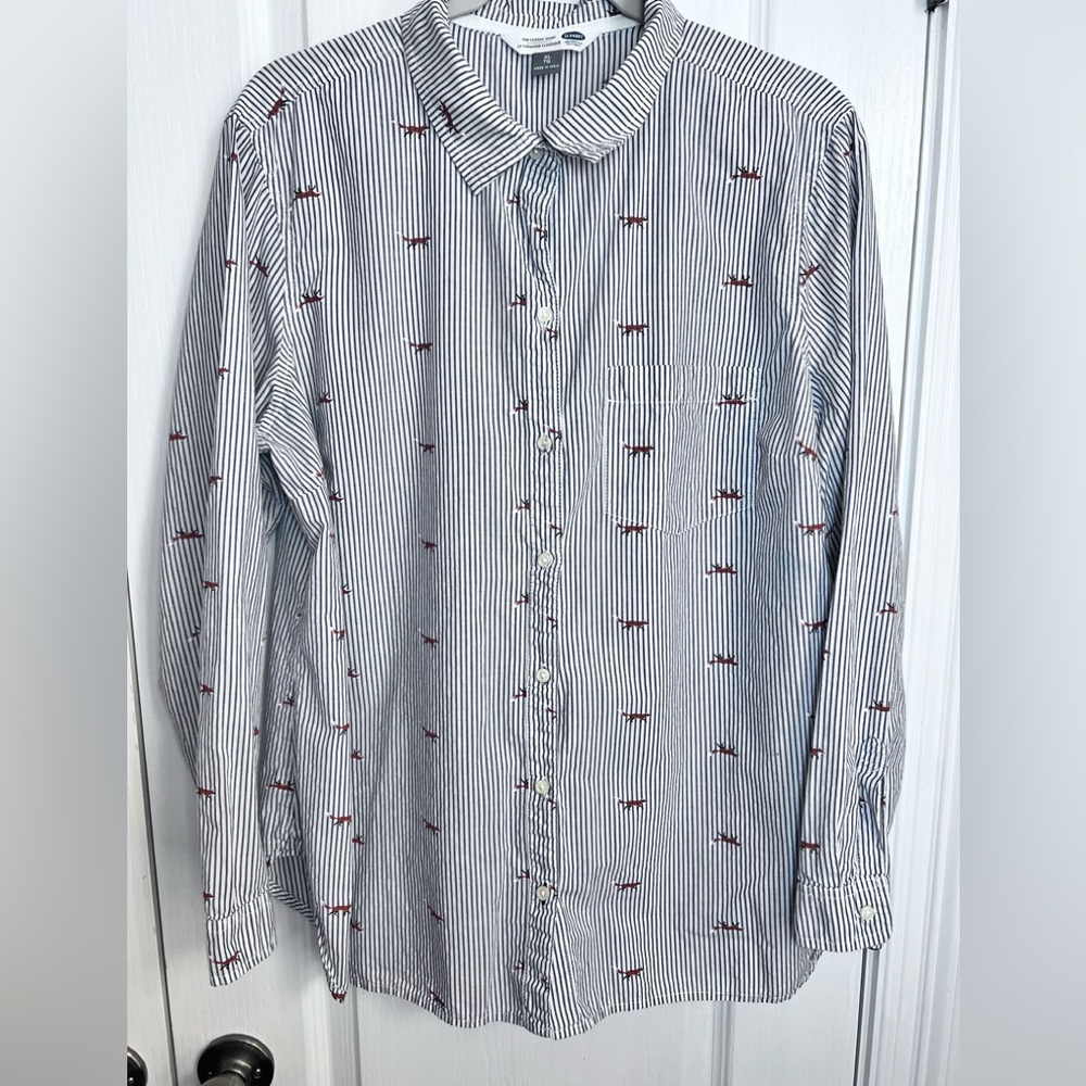 Old Navy Striped Shirt with Red  Fox Novelty Print XL Whimsical Animal Lover